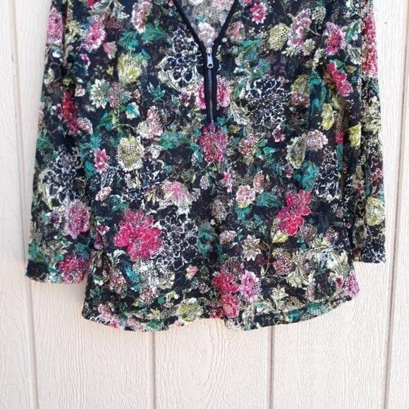 Julio Top Long Sleeve Pullover Net Mesh 3/4 Zip Pullover Lace Floral Print Sz 10 - Picture 5 of 13